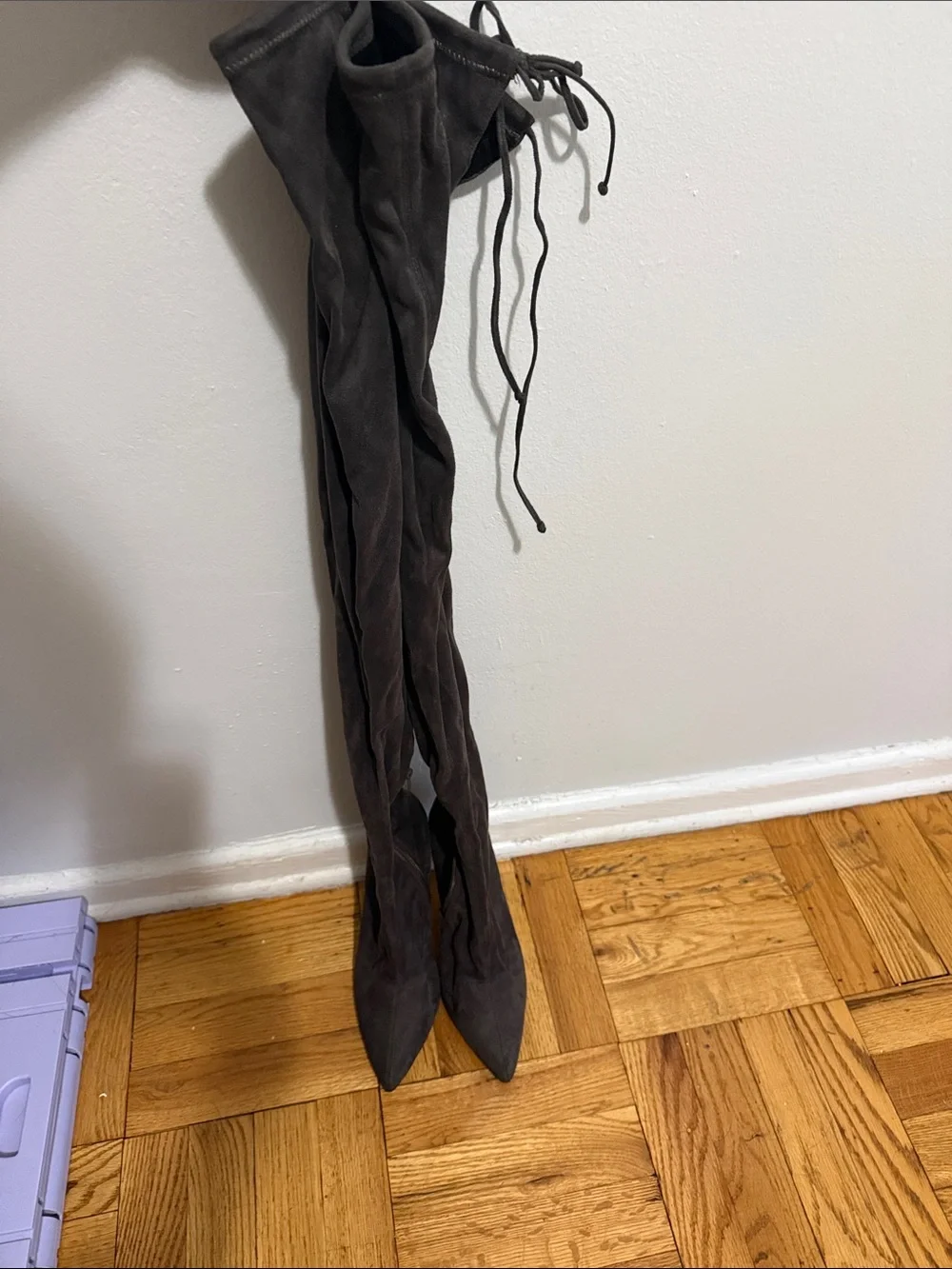 Over-the-Knee Pointed Toe Stiletto Boots in Charcoal Gray